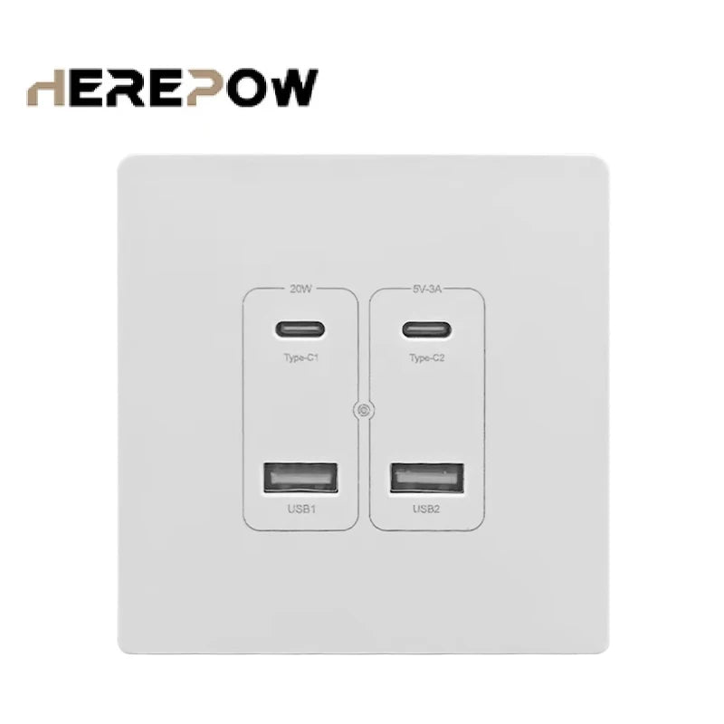 Herepow Wall Power Socket With Dual USB Typec Four Port Fast Charging Interface 20W 3A 220V Smart Home Appliance Plug Adapter