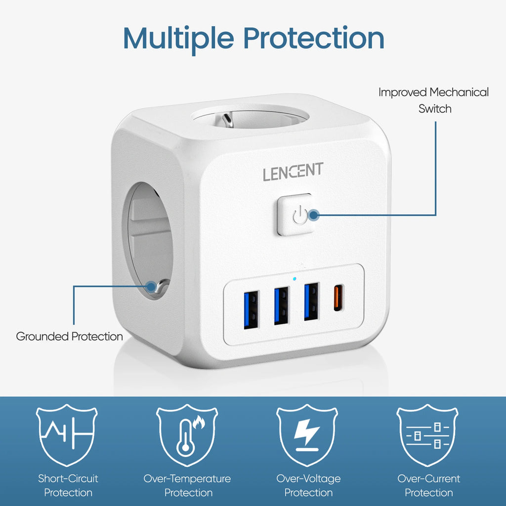 Lencent power adapter with multiple protection features on a white background