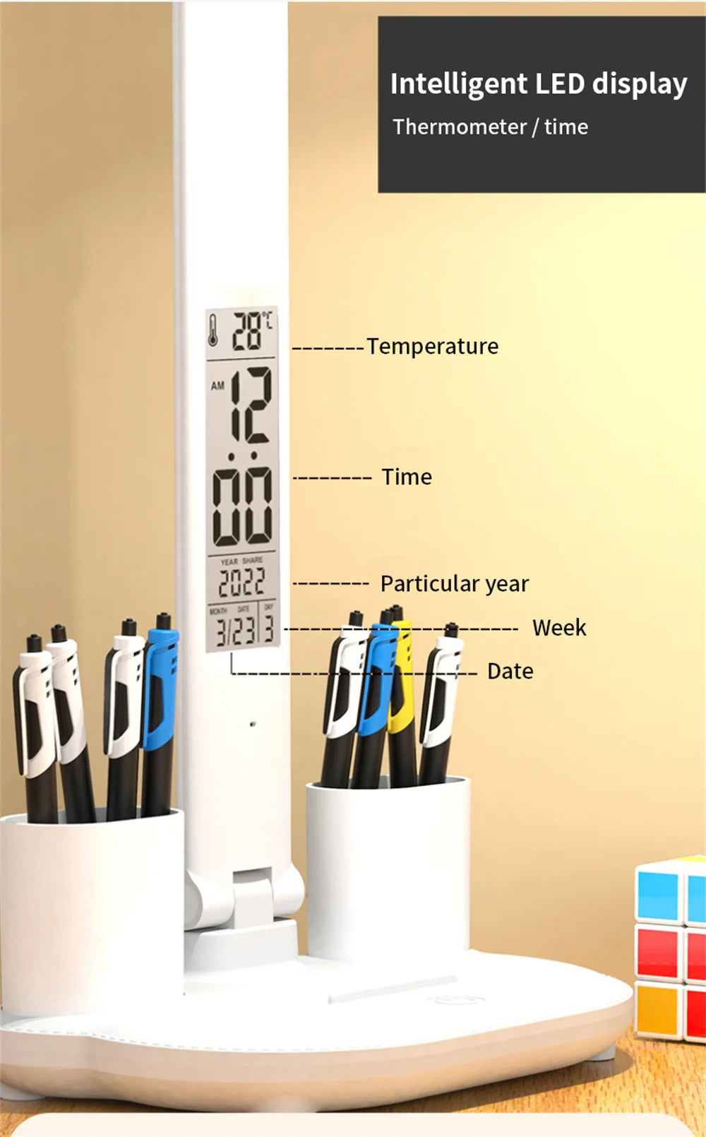 LED USB Dimmable Touch Foldable Table Lamp (Calendar, Clock & Temperature)