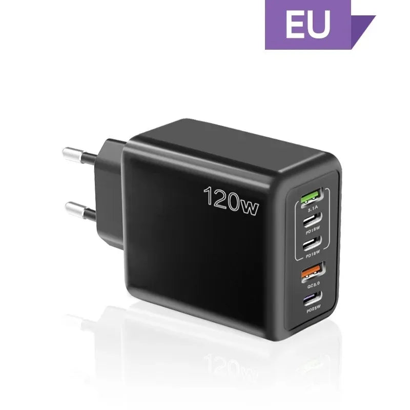 5 Ports USB Charger PD Fast Charging 120W Phone Charger Adapter For iPhone Samsung Xiaomi Huawei Multi Ports Type C Wall Charger