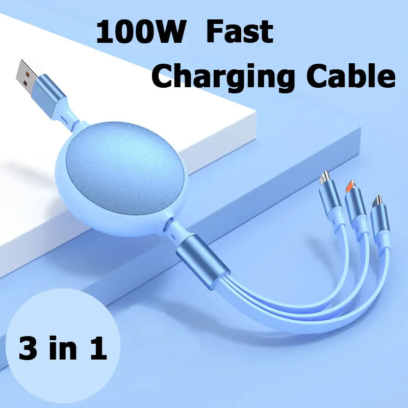 1-3-in-1 Retractable 100W 6A Fast Charging USB To Type-C Micro Fast Charger Cable For iPhone Samsung Xiaomi Huawei 1.2M Cables