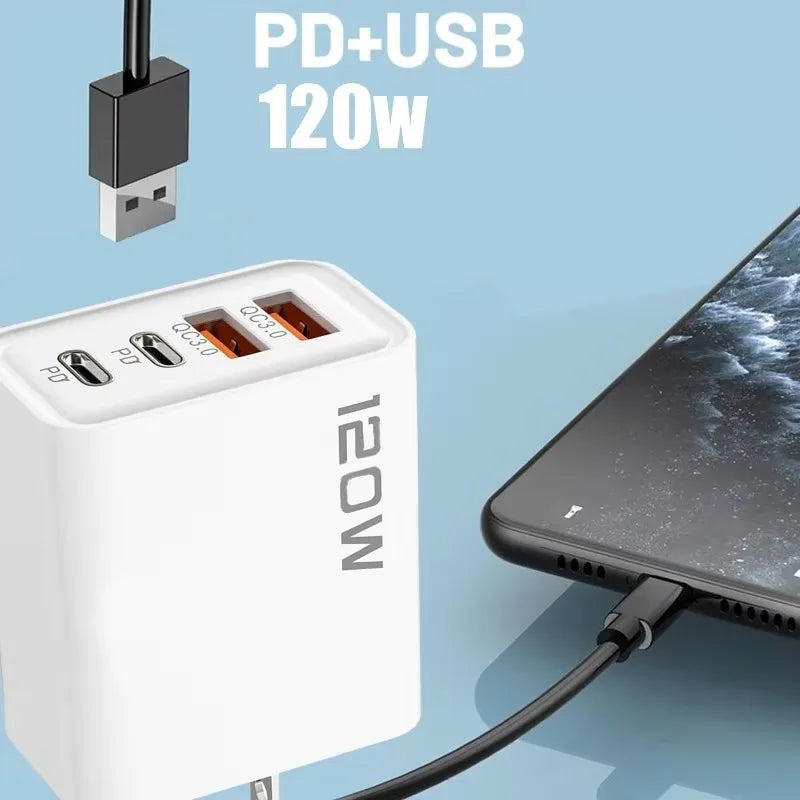 4-120W 4 Port USB Type C Charger Fast Charging Data Cable USB Phone Charger Adapter for Samsung IPhone Xiaomi Huawei Wall Charger