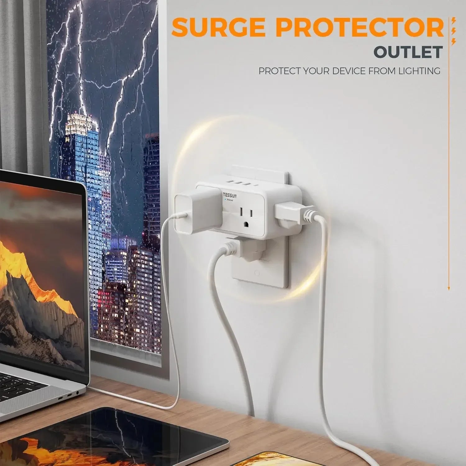 TESSAN 8-in-1 multi plug outlet splitter with  AC outlets and  USB ports, white