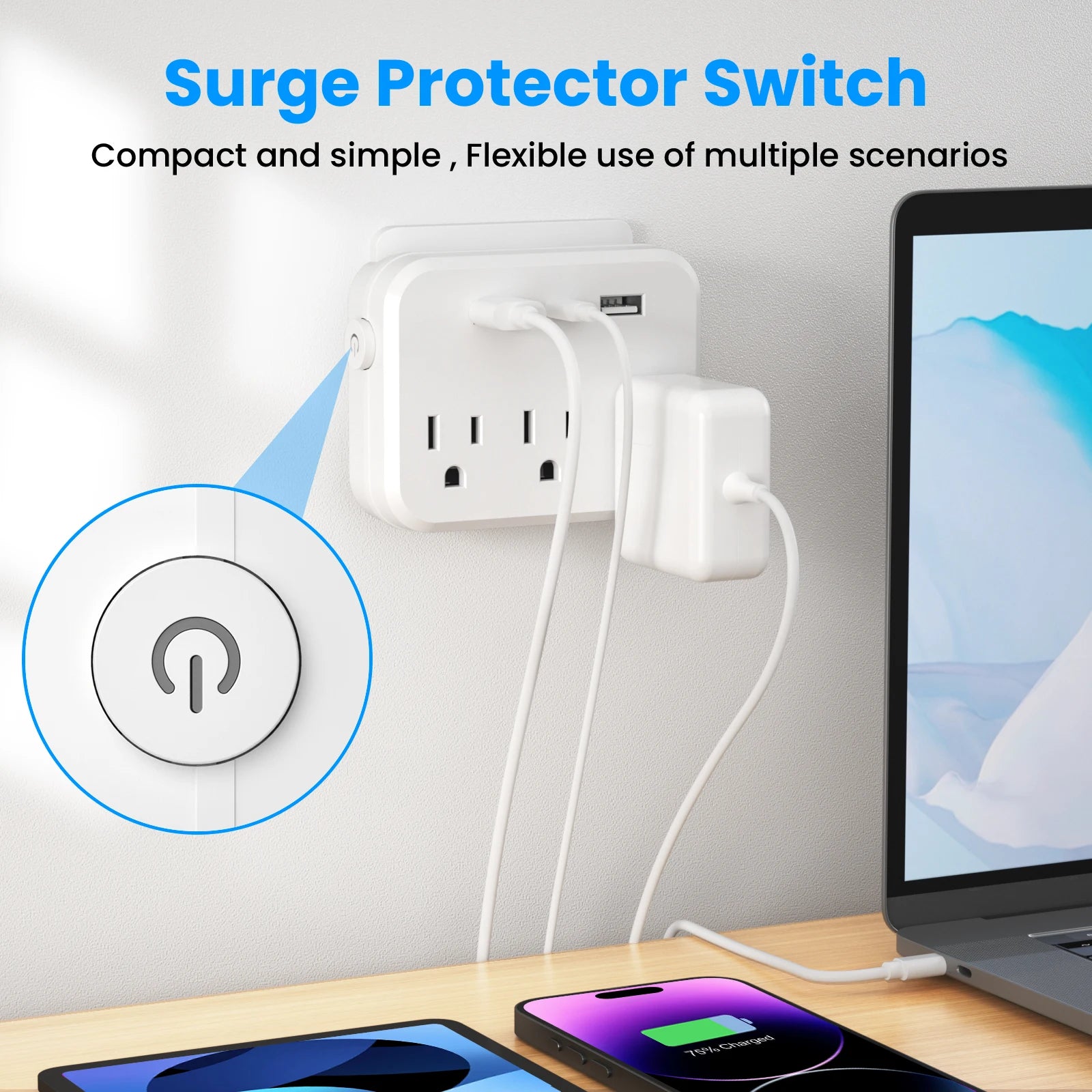 TRANSTON US Switch with surge protector Mini Portable power strip 6-in-1 Multifunctional 3 power strip 2 USB ports 1 Type-C wh