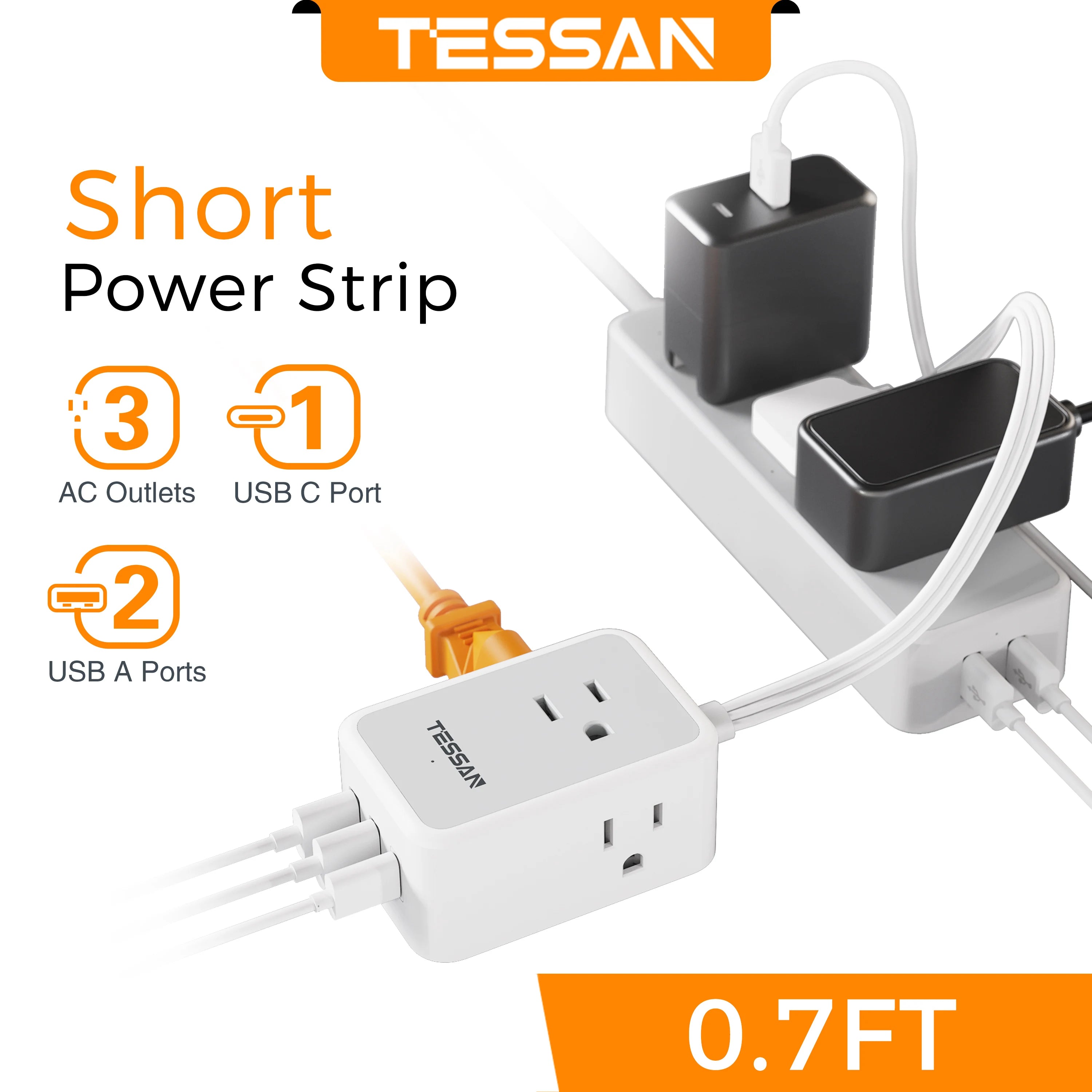 1-TESSAN Ultra Thin Extension Cord Power Strip with 3 USB 3 AC Adapter Mini Charging Station for Cruise Travel Office School Home