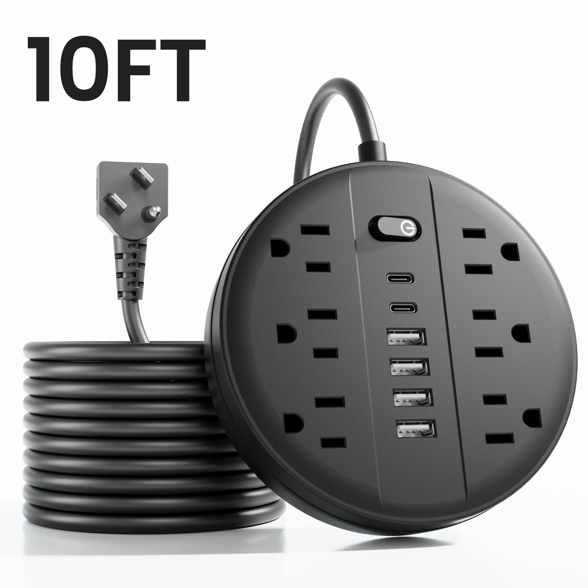 US Power Strip with 6 AC Outlets & 6 USB (2× USB‑C) – Surge Protected, 5 ft/10 ft Cord Options