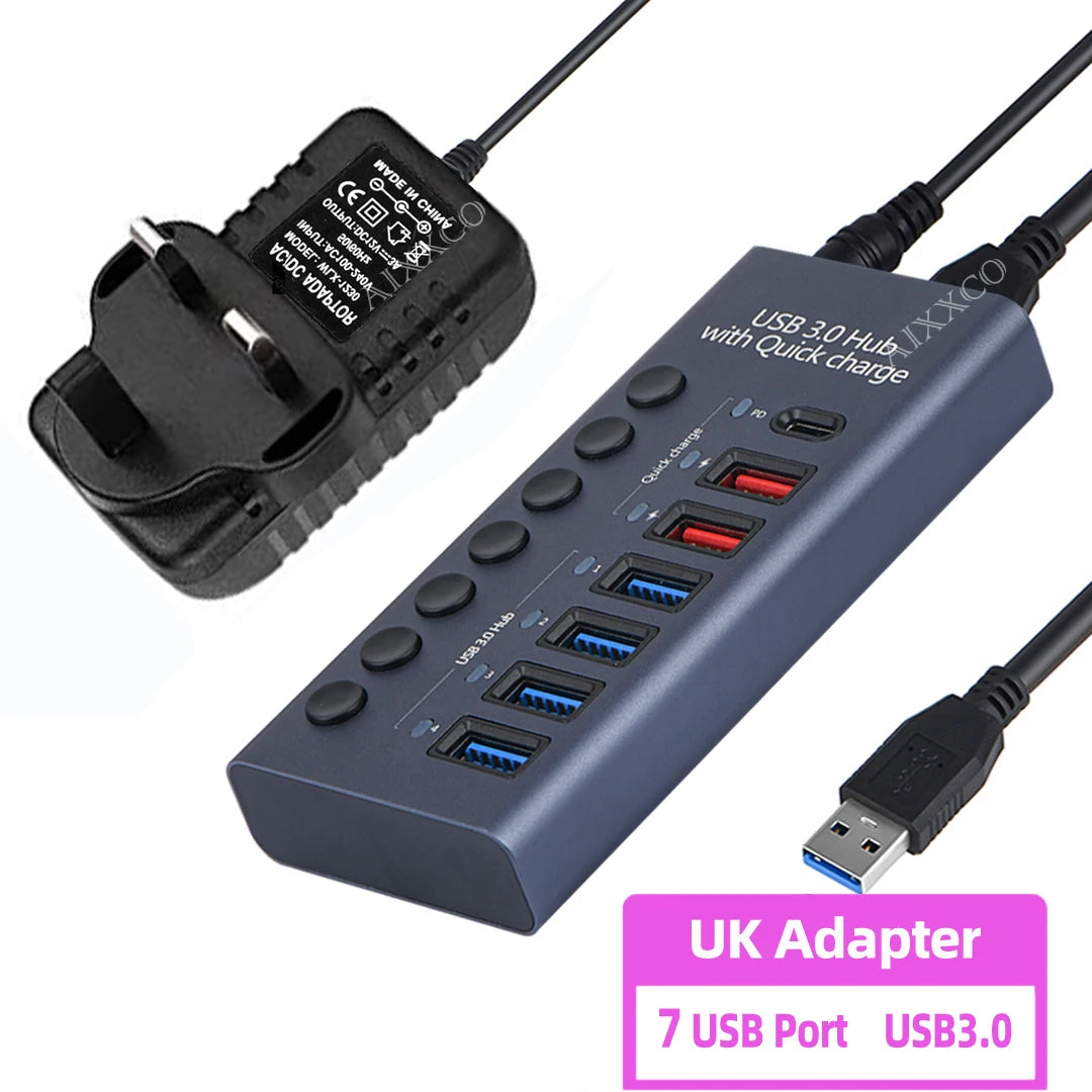 4-AIXXCO 10 Ports USB3.0 Splitter Computer Extender USB HUB 2.4A Fast Charging PD Port External 12V Power Supply