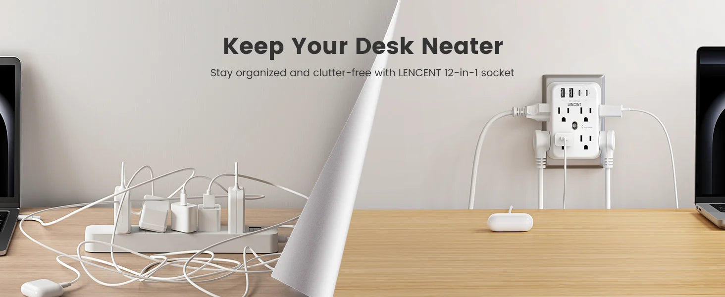 Lencent 10-in-1 socket on a desk with electronic devices and text 'Keep Your Desk Neater'.