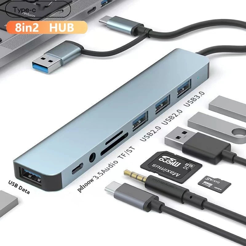 8 in 1 USB +Type C USB hub multi hub one to four Type C 3.0 splitter USB extension With For Laptop Tablet Macbook Air M1 iPad Pr