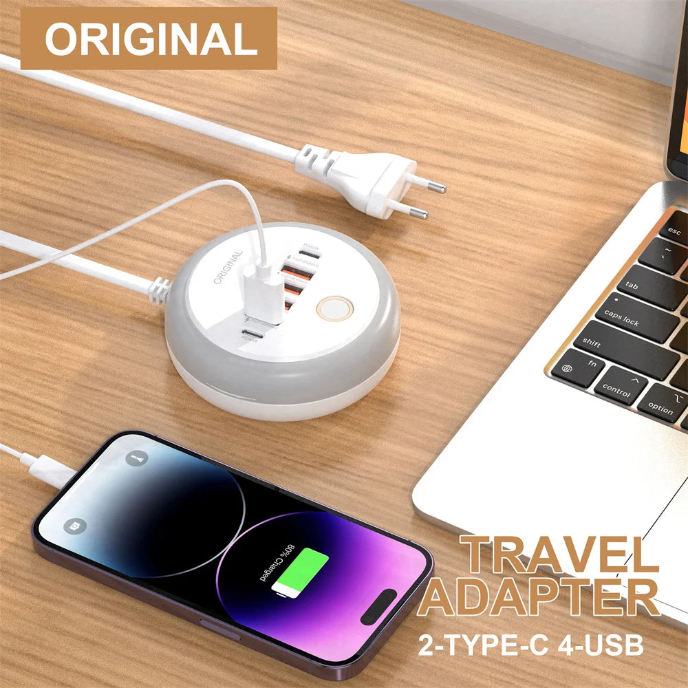 1-PD 50W Charger USB Type C 6 Ports QC3.0 Mobile Phone Wall Adapter With Touch LED Light For iPhone Samsung Xiaomi Travel Charger