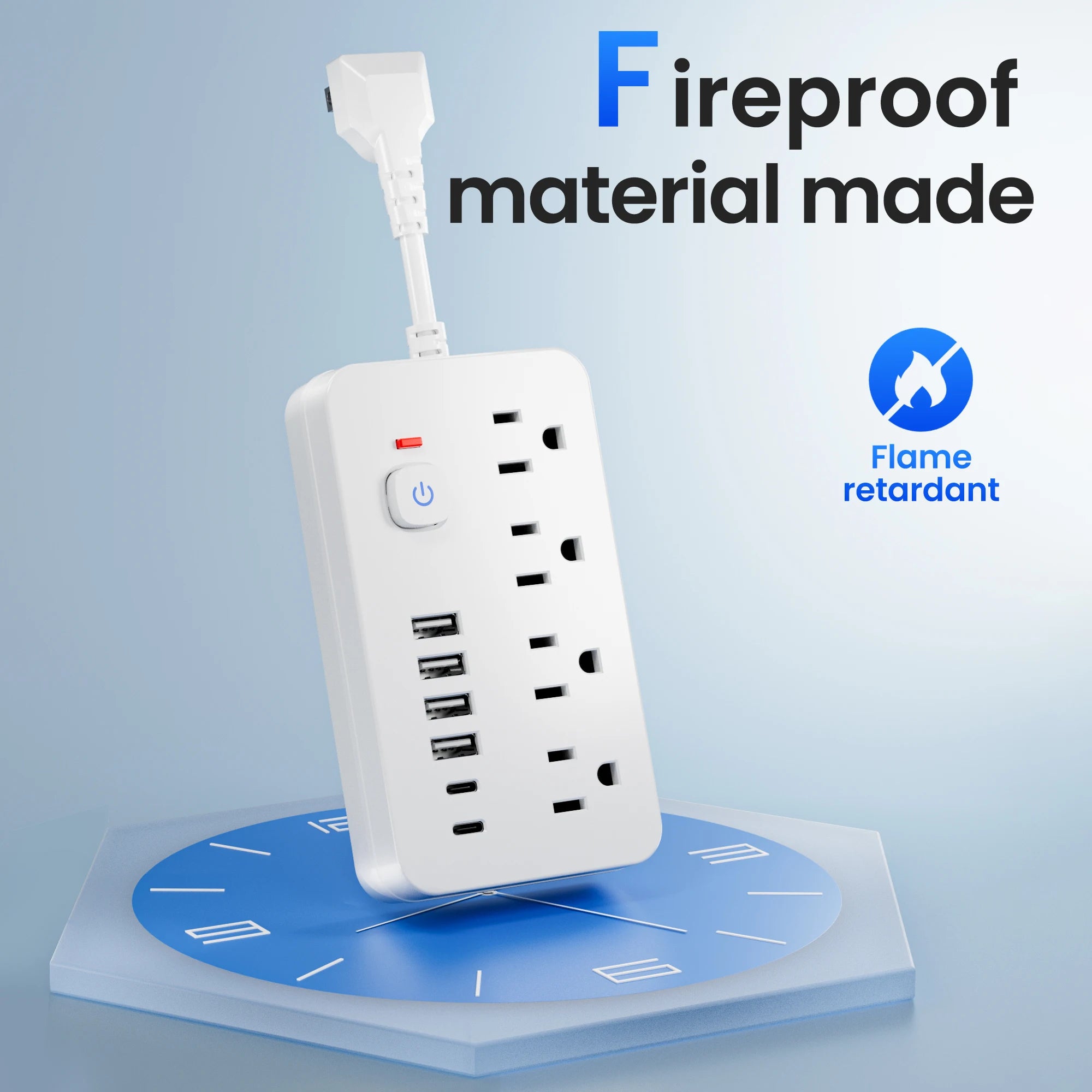 1-QKP Power Strip – 4 AC Outlets + 6 USB Ports (2 Type-C) with Surge Protection & Control Switches – Compact Corded Design