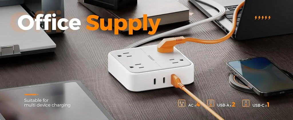 1-TESSAN Electrical Extension Flat Plug Type C Multi-Plug Strap Multi-Plug Connector with 8 AC Outlets and 3 USB Ports (1 Type C)