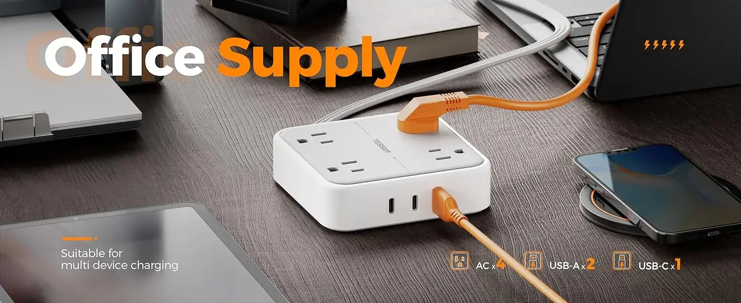1-TESSAN Electrical Extension Flat Plug Type C Multi-Plug Strap Multi-Plug Connector with 8 AC Outlets and 3 USB Ports (1 Type C)