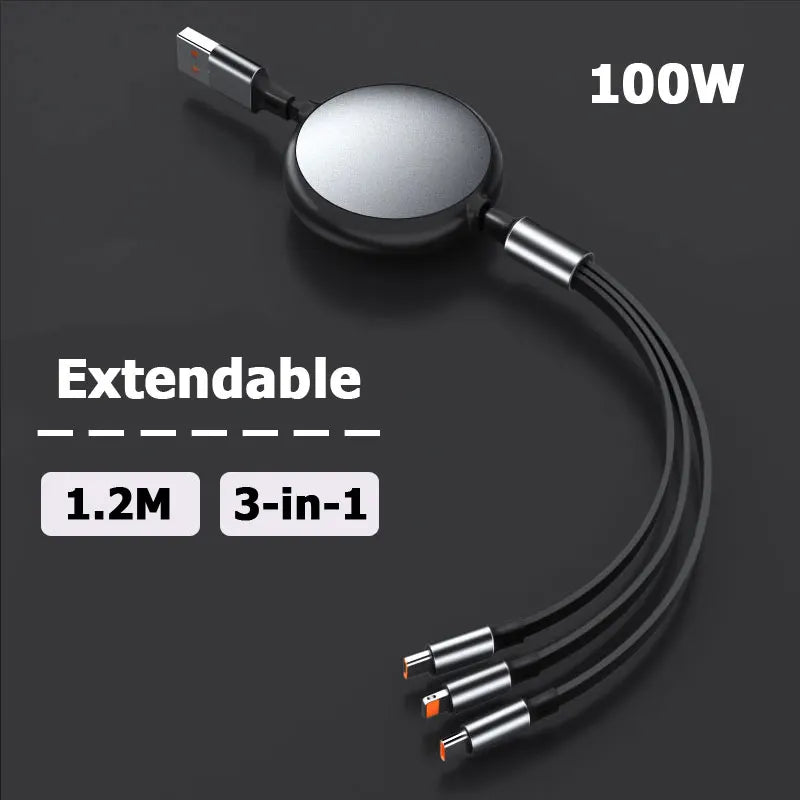 1-3-in-1 Retractable 100W 6A Fast Charging USB To Type-C Micro Fast Charger Cable For iPhone Samsung Xiaomi Huawei 1.2M Cables