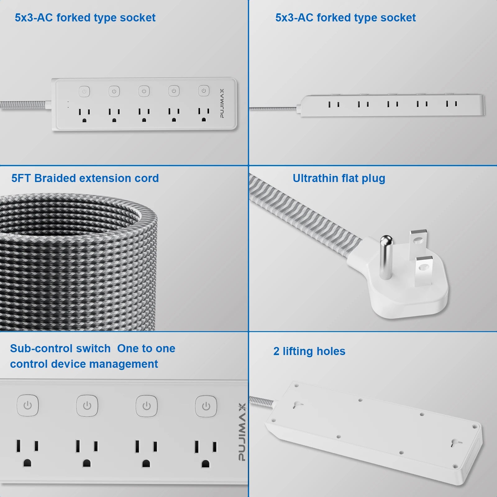 ﻿ ﻿ ﻿ PUJIMAX Power Strip With 10 Outlets 1.5M Braided Cable Surge Protector Multi Socket Extender with Switch For Home Office
