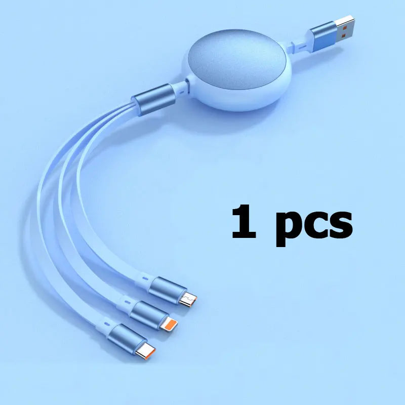 1-3-in-1 Retractable 100W 6A Fast Charging USB To Type-C Micro Fast Charger Cable For iPhone Samsung Xiaomi Huawei 1.2M Cables