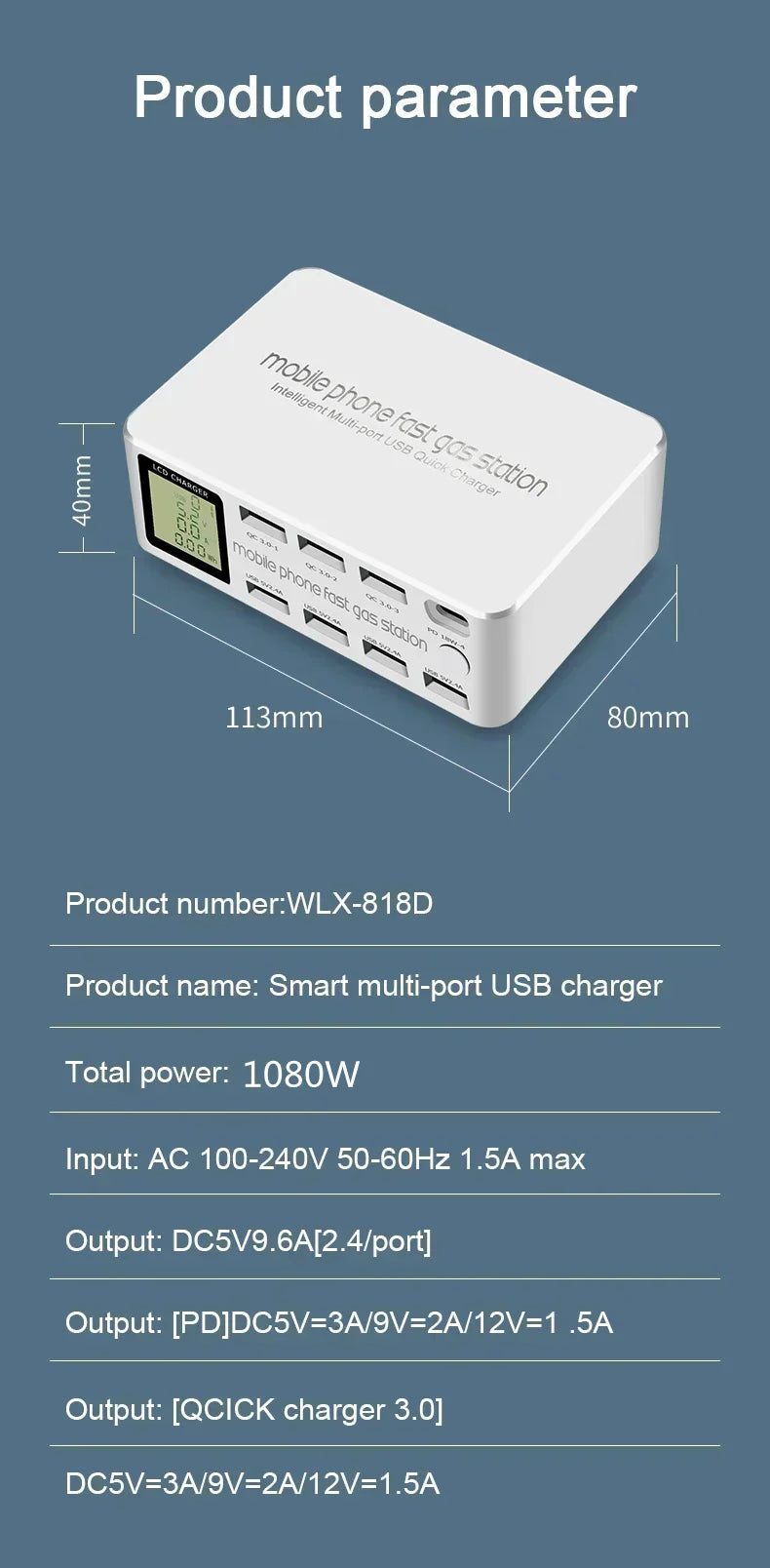 1080W Multi Ports USB Type C PD Fast Charger LED Display Quick Charge QC3.0 Desktop Charging Station for MacBook Samsung iPhone