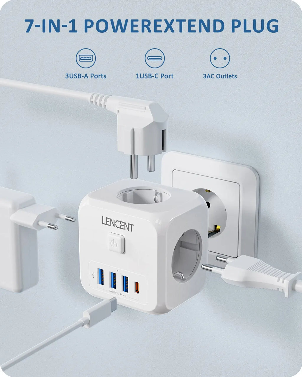 7-in-1 power extension plug with multiple ports on a light gray background