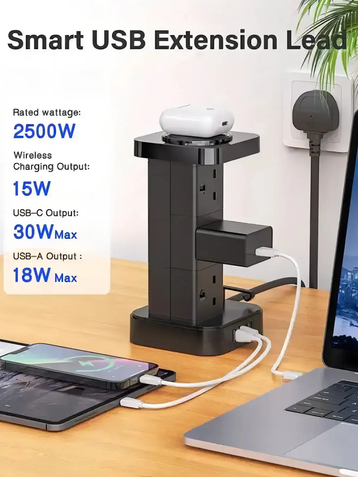 1-LDNIO Tower Power Strip with 6 Outlets +4 USB Ports + WIRELESS CHARGER 2M Power Cord, UK Plug Vertical Electric Socket for Home