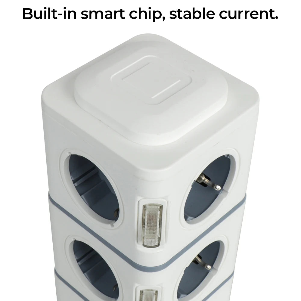 1-Tower 12 Way Outlets Socket Multi Power Strip Vertical 2.8m Extension Cord EU Plug with 4 USB Overload Protector Switch 220V 10A