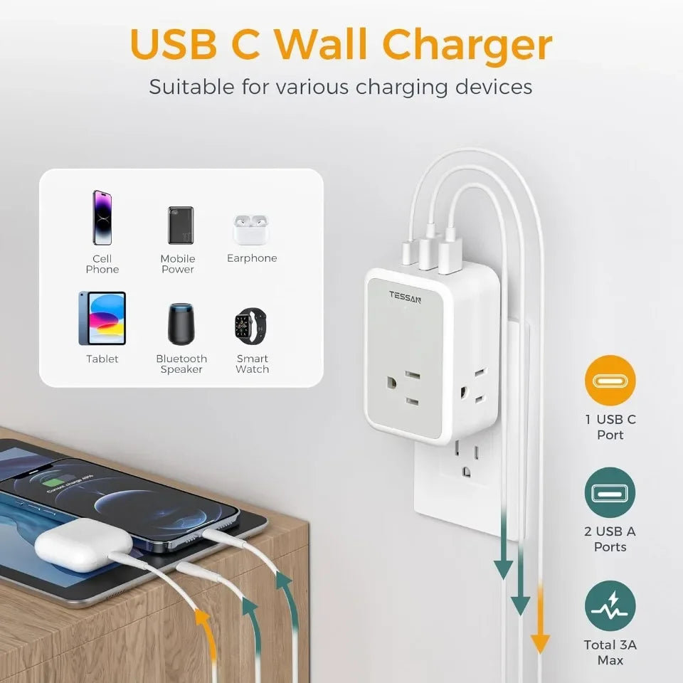 TESSAN US Plug Power Strip with 4AC Outlet and 3USB Charging Port Multi-Contacts Electrical Socket with Surge Protector for Home