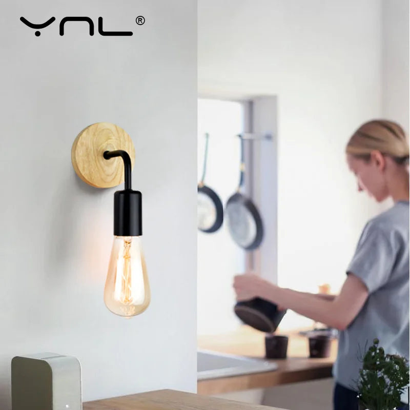 Retro Wood Wall Lamp E27 (Industrial Loft, 85–265 V)