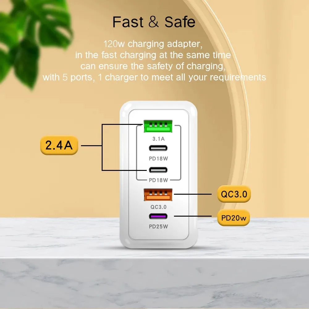 5 Ports USB Charger PD Fast Charging 120W Phone Charger Adapter For iPhone Samsung Xiaomi Huawei Multi Ports Type C Wall Charger