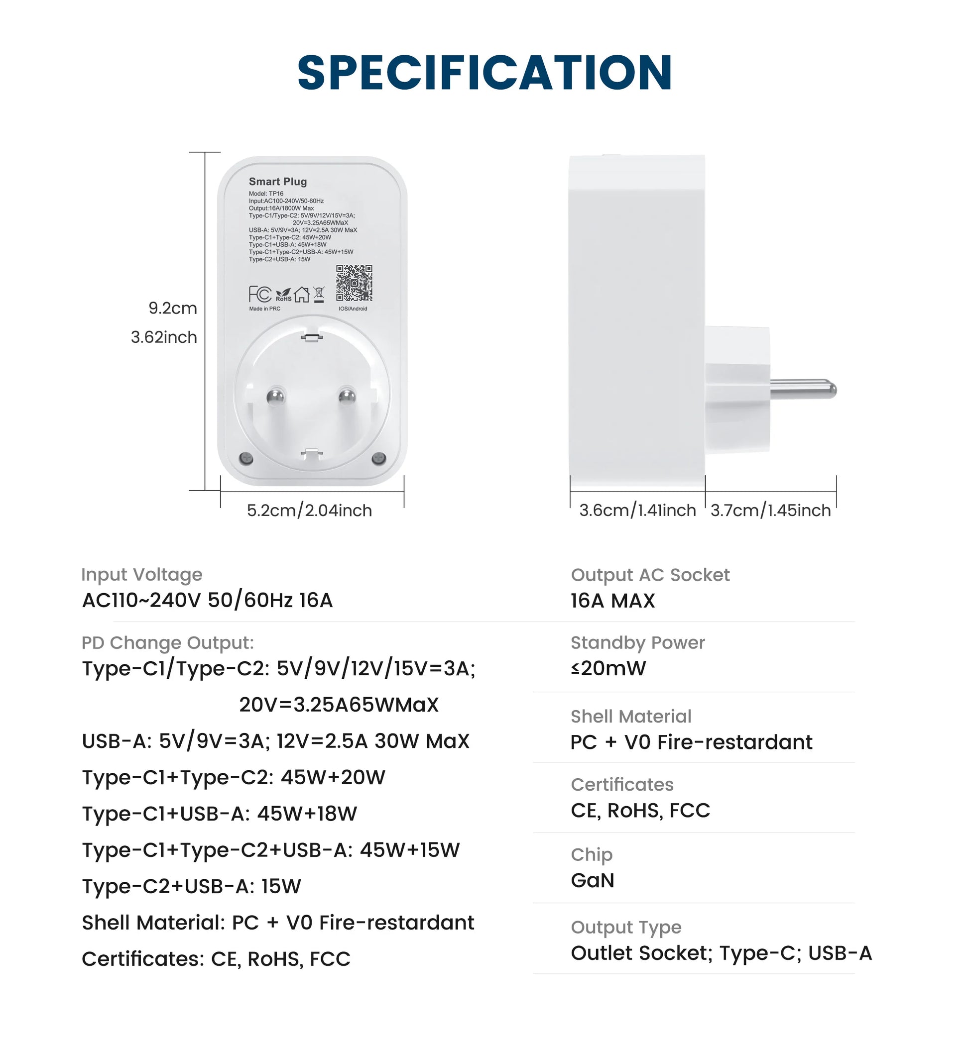 2-GIRIER Tuya Smart WiFi Power Plug with GaN Fast Charger 65W PD Fast Charging USB-A USB-C Ports EU/FR/UK/US Plug Works with Alexa