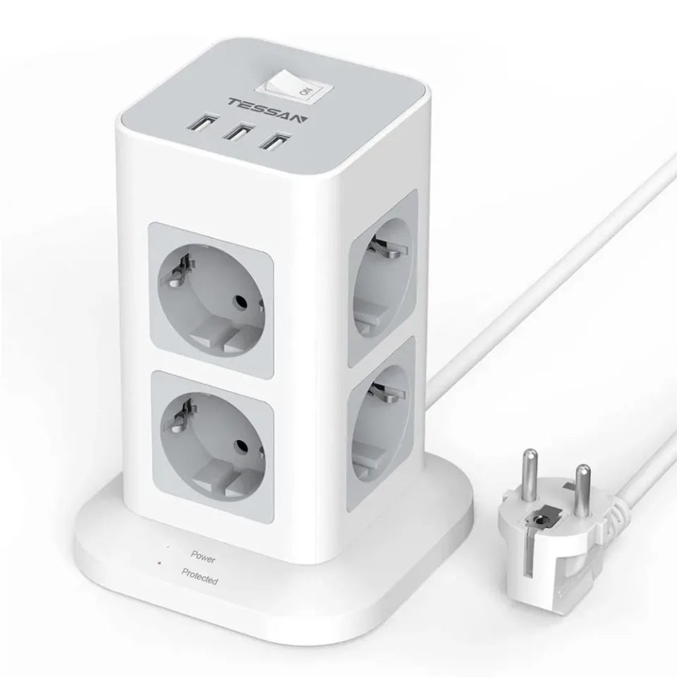 1-TESSAN Tower Power Strip Multi Outlets with USB A +1 Type C 2M Extension Cable EU Plug Vertical Electric Socket Surge Protection