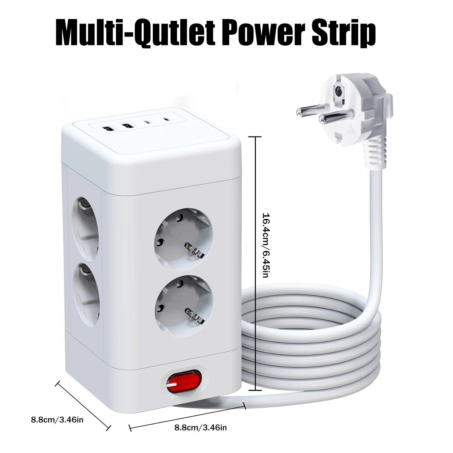 3680W Tower Power Strip with USB fast charging, EU plug 8 AC Multi Outlet Surge Protection 2m Extension Cable for home