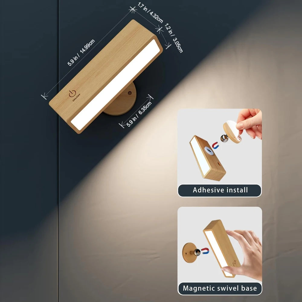 Nordic Wood Wall Lamp With 360 Rotate Dimmable Wall Sconce Touchable Magnetic For Bedroom Cordless Wall Mount Light For Reading