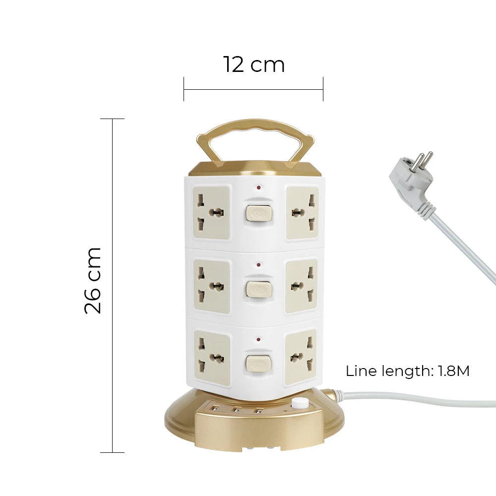 Universal Tower Power Strip (2500W) | 12 Outlets & 3 USB Ports