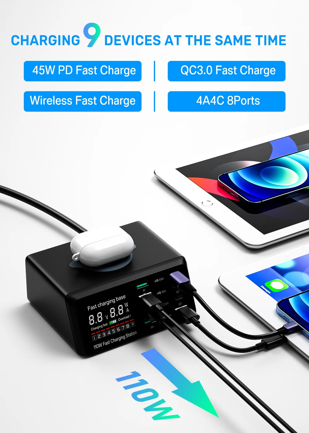 4-ASOMETECH 110W USB Type C Charger Wireless Charing Multi Ports Fast Phone Charger PD QC3.0 Quick Charge For iPhone 14 13 Xiaomi