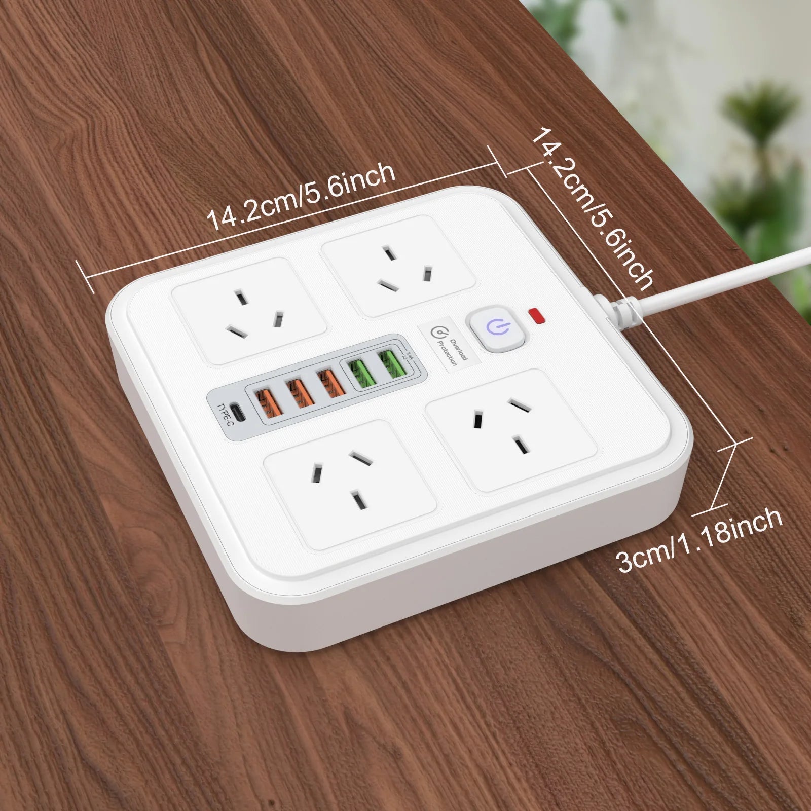 AU Plug Power Board:  AC Outlets,  USB-A,  USB-C, Overload Protection