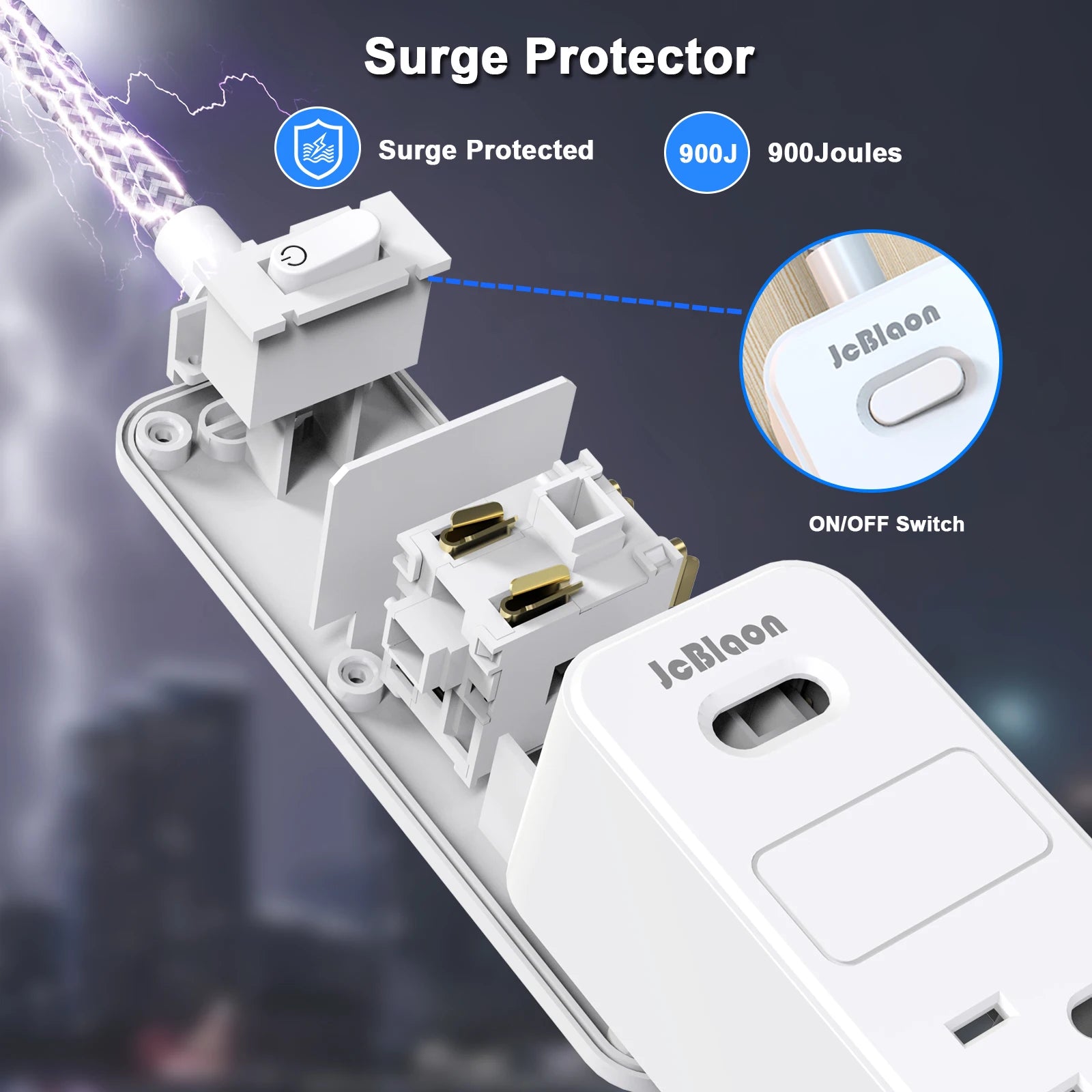 Surge protector with lightning illustration and 'JeBloon' branding on a dark background