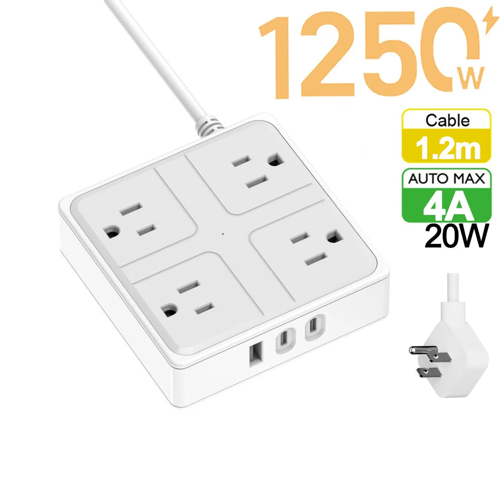 1-Smart US Power Strip with USB-C – 4 AC Outlets, 3 USB Ports, 1.2m Cord, 1250W