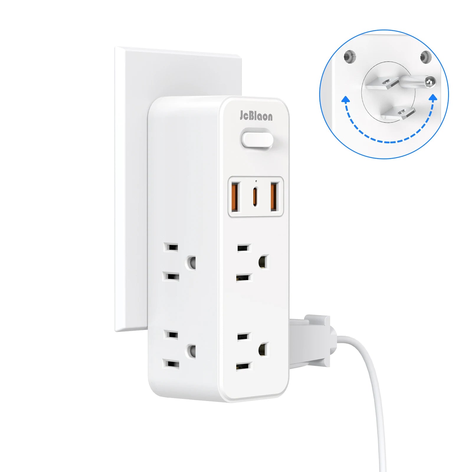 360°Rotating Plug US Power Strip with 6 AC Outlets 3 USB Ports 1 Type-C,Multiple Wall Socket with Switch Network Filter for Home