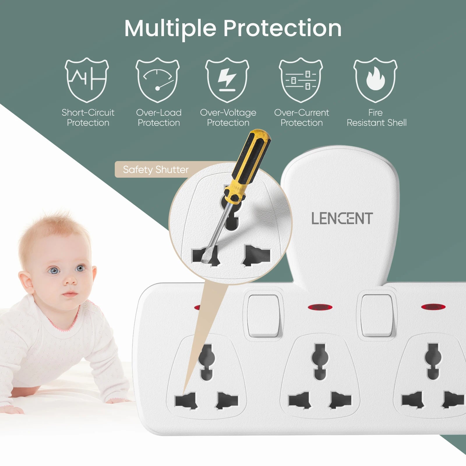 LENCENT multi plug extension socket with  universal AC outlets and individual
switches, white