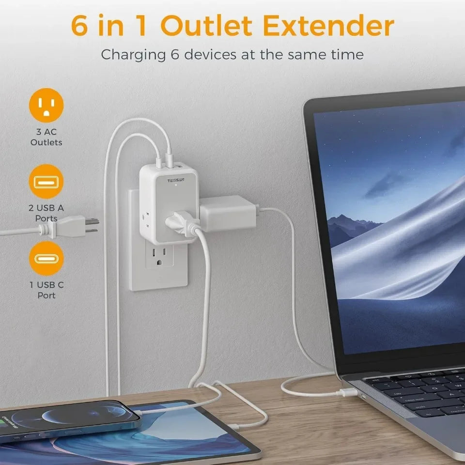 TESSAN US Plug Power Strip with 4AC Outlet and 3USB Charging Port Multi-Contacts Electrical Socket with Surge Protector for Home