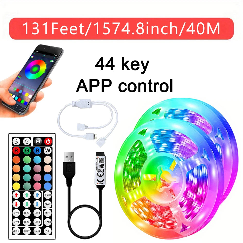 40M 131FT LED Strip Lights | App & 44-Key Remote Control | USB 5V, Music Sync RGB Flexible Tape Diode Lights for Party & Home
