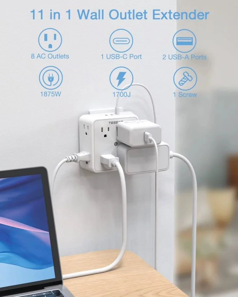 1-TESSAN Surge Protector Wall Strip with 8 AC Outlets 2 USB A and 1 USB C Surge Protector Multi Outlet Extender for Home Office