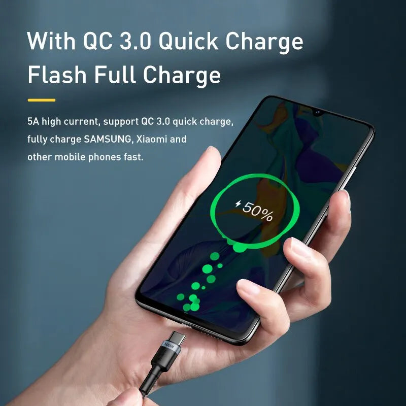 4-Baseus USB-C to USB-C 100W Fast Charging Cable – 5A PD Quick Charge for MacBook, Apple , Samsung