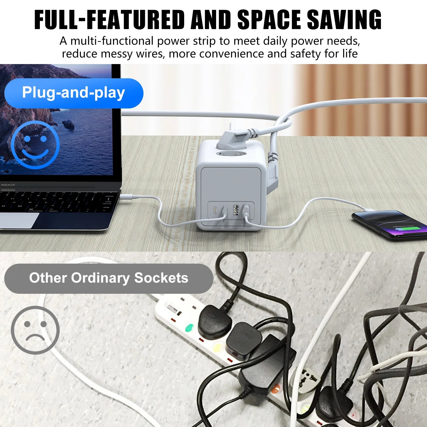 3680W Tower Power Strip with USB fast charging, EU plug 8 AC Multi Outlet Surge Protection 2m Extension Cable for home