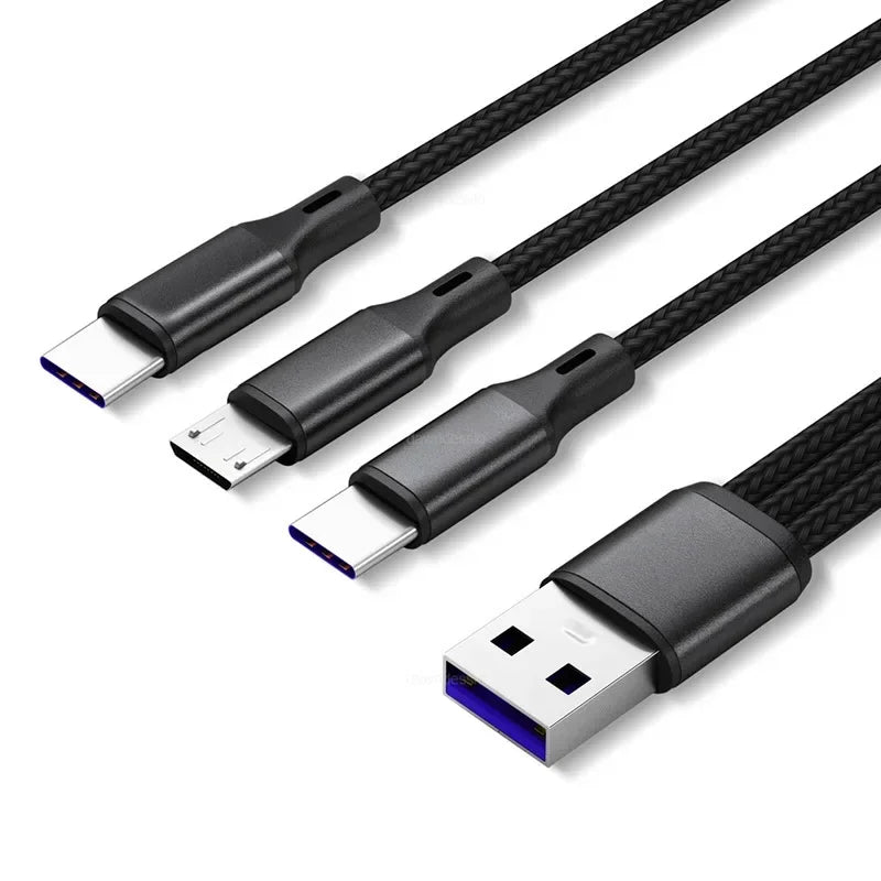 3 in 1 USB Charge Cable 3 Type-C 3 Micro USB Spliter Cord Fast Charging 5A For Mobile Phone Power Bank Charging Together 1.2m