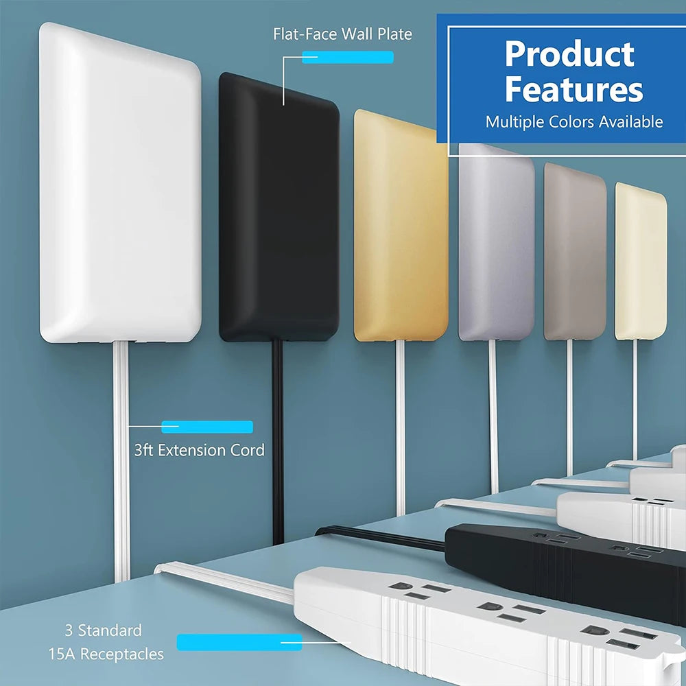 1-Flat-Face Outlet Extender with 3 Receptacles, Ultra-Thin Wall Plate Plug with Cord Extender and 3-Outlet Power Strip