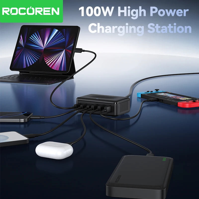 Rocoren USB Charger 100W GaN Charger 6-ports Desktop Fast Charging Type C Charger Portable Power Station For iPhone Xiaomi POCO