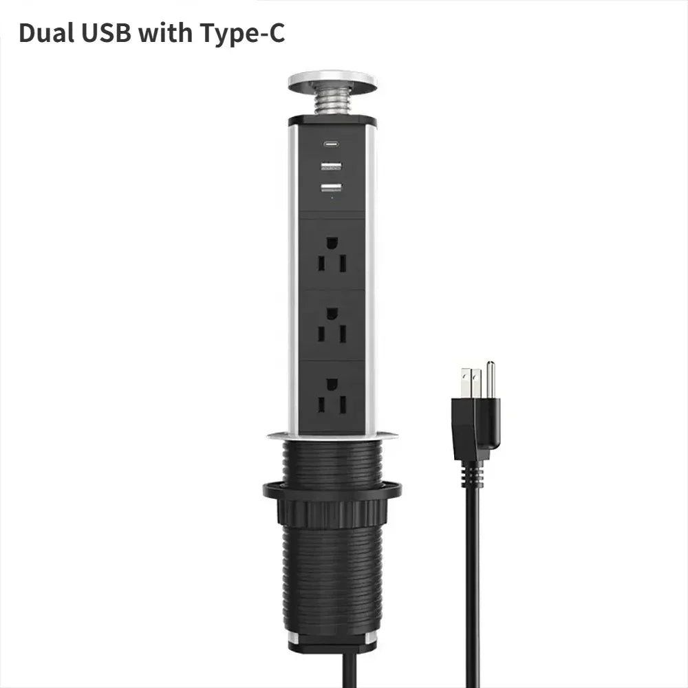 Melery Pop-Up Desk Power Strip: US Type-C, Hidden USB Charger, Tablet Sockets