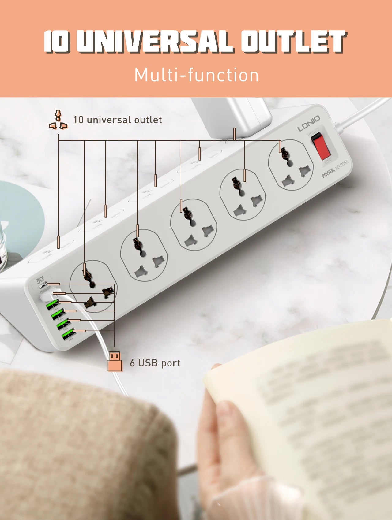 1-LDNIO Multi 10 Outlet Plugs Power Strip Universal Usb Extension Cable Network Filter Surge Protector Socket Charger Adapter