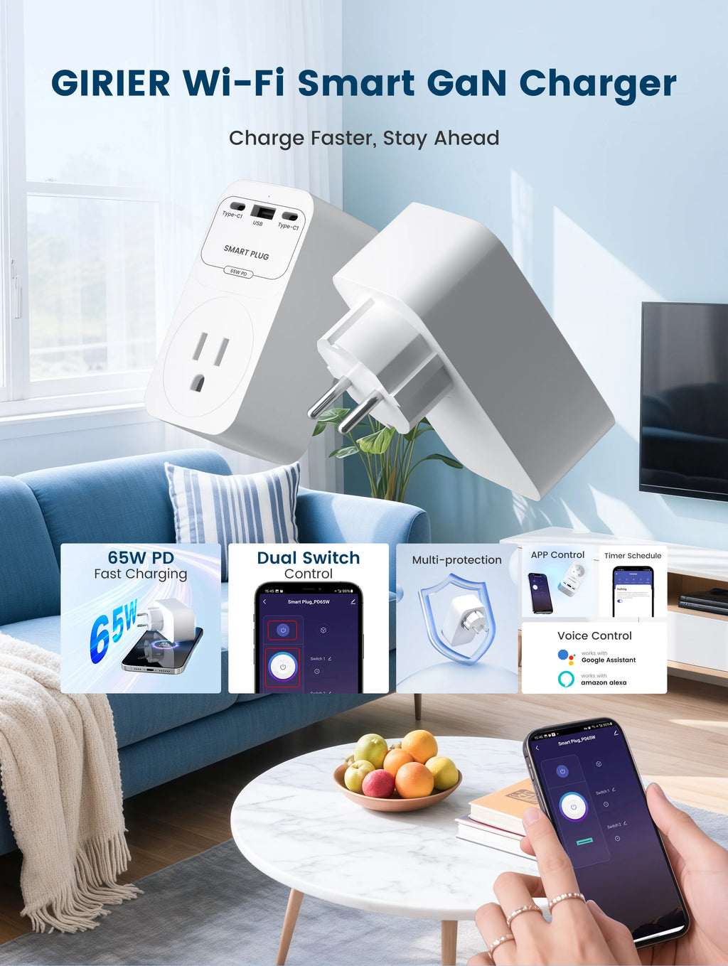 GIRIER Tuya Smart WiFi Plug - GaN Fast Charging Power Socket
