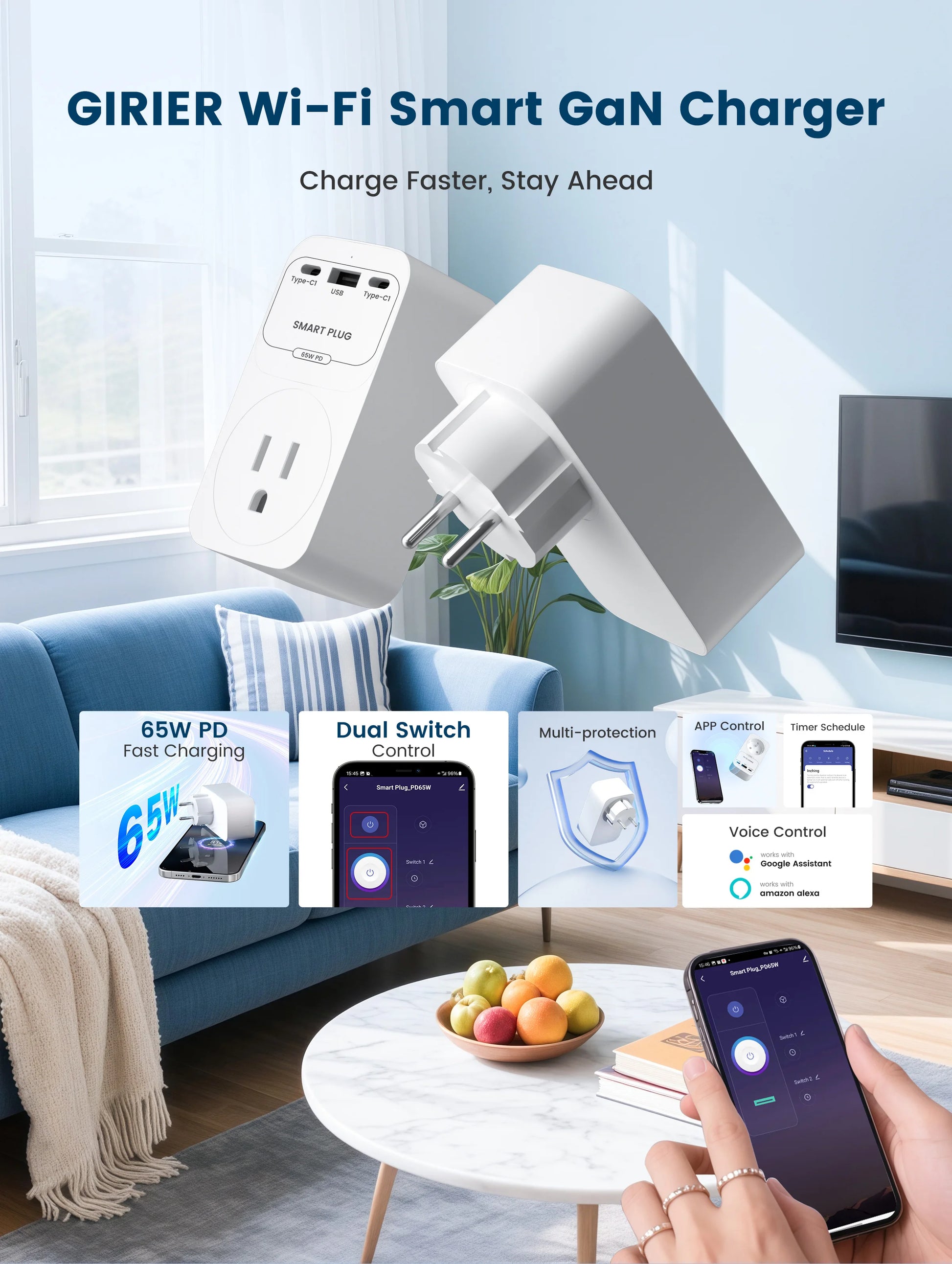 2-GIRIER Tuya Smart WiFi Power Plug with GaN Fast Charger 65W PD Fast Charging USB-A USB-C Ports EU/FR/UK/US Plug Works with Alexa